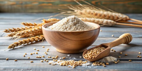 Poster - Bowl and scoop filled with whole grain cereals flour , healthy, organic, natural, ingredients, cooking