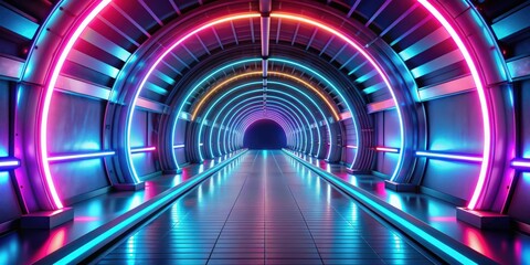 Fototapete - Futuristic tunnel with bright neon lights and sleek architectural design, futuristic, tunnel, sci-fi, technology