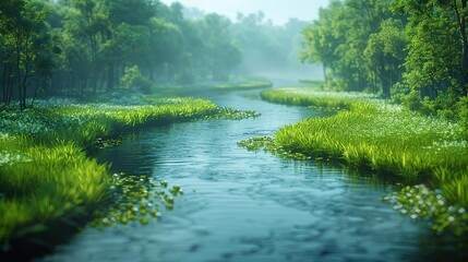 Canvas Print - Serene River Flowing Through Lush Green Forest - 3D Illustration