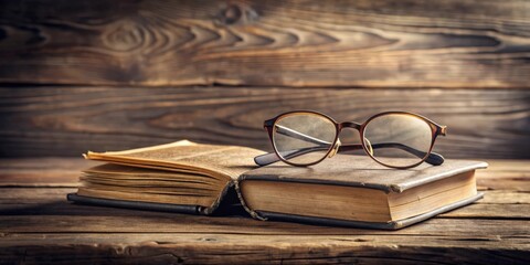 Poster - Two old books with glasses on wooden table, book, glasses, vintage, retro, antique, reading, education, knowledge