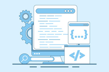 Programming Concept, Software development and programming, program code on laptop screen, big data processing, computing, programming language. flat vector illustration on background.