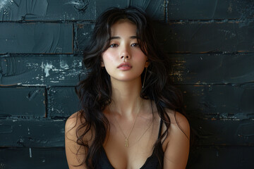 Portrait of a woman with long hair against textured wall background