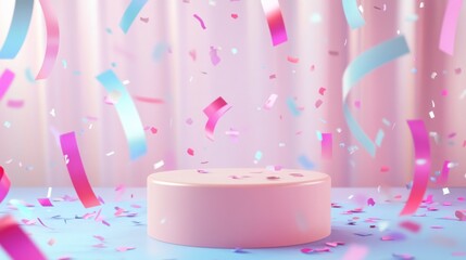 Poster - A pastel pink podium surrounded by falling blue and pink confetti, creating a festive and cheerful atmosphere.