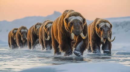 Wall Mural - A herd of musk oxen run across a frozen river in the arctic, led by a large male with long tusks. The sun is setting in the background, casting a warm glow over the scene.