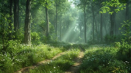 Canvas Print - Sun Rays Through a Forest Path Illustration