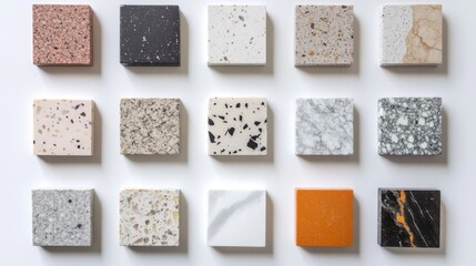 A selection of sixteen marble and granite samples laid out in a grid pattern showcasing various colors and textures.