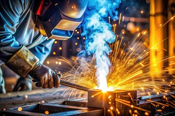 Close-up of intense metal welding process with bright sparks flying everywhere, revealing the iron's molten core, amidst a haze of industrial smoke and flames.