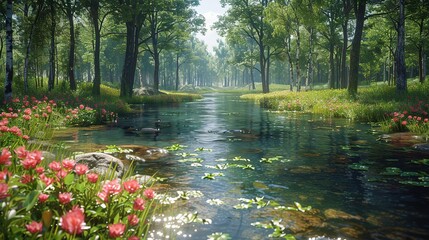 Sticker - Tranquil Forest Stream with Pink Flowers 3D Illustration