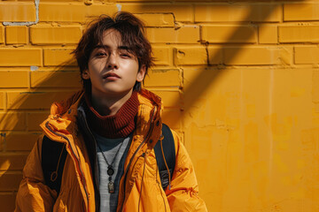 Sticker - Young man in yellow jacket against bright urban wall background