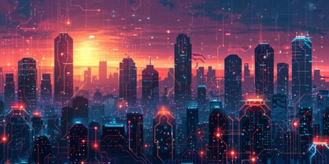 Wall Mural - Futuristic Smart Cyber City illustration: Innovative Urban Landscape, futuristic technology and cyber punk concept, Graphic Resources, Wallpapers, Brochure, Websites, banner, Advertising, background