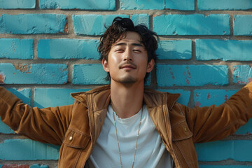 Relaxed young man against blue brick wall in casual jacket