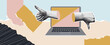 © margsor - Creative business collage featuring halftone thumbs up and down emerging from a laptop screen, set against a colorful abstract background, symbolizing online feedback and opinions