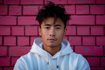 Wall Mural - Confident young man in white hoodie against pink brick wall