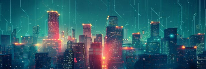 Wall Mural - Futuristic Smart Cyber City illustration: Innovative Urban Landscape, futuristic technology and cyber punk concept, Graphic Resources, Wallpapers, Brochure, Websites, banner, Advertising, background