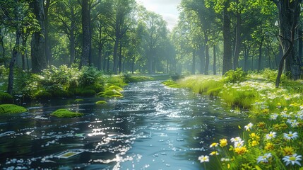 Poster - Forest Stream with Green Trees and Flowers - 3D Illustration