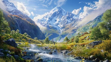 Poster - Mountain Valley Stream Landscape - Digital Illustration