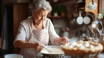 Wall Mural - Elderly woman baking in a cozy kitchen during afternoon light