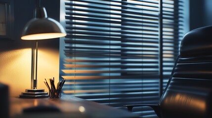 A cozy office in the evening with warm lamp light illuminating a desk and chair beside closed blinds