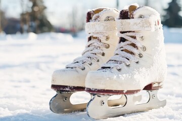 A pair of vintage white ice skates covered in snow resting on a frozen outdoor rink in winter, inviting skating enthusiasts to enjoy the seasonal activity