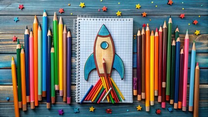 Colorful flat lay composition featuring a hand-drawn rocket soaring above sharpened pencils, crayons, and notebooks, symbolizing creativity and academic success.