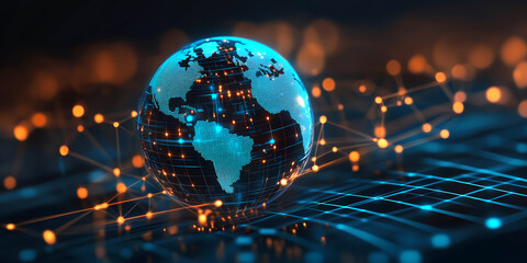 Wall Mural - global network on digital earth globe, world finance connectivity, business trading, telecommunicati