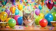© Four888 - Vibrant colors and whimsical art pieces adorn the walls as a curious cat peeks out from behind a balloons and streamers-covered table at a lively party.