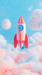 © cac_tus - Red and pink toy rocket surrounded by clouds under a blue sky. Children's imagination and exploration concept