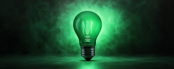 Aufkleber - Green light bulb glowing in dark background, bright idea concept