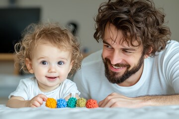 Father and child share joyful moments while playing with colorful toys indoors