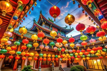 Colorful lanterns adorn a vibrant temple in Jakarta's Chinatown as devotees gather to worship and celebrate a sacred anniversary amidst rich cultural heritage.