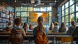 © 2D_Jungle - Visualize a futuristic classroom with biometric attendance and dynamic LED lighting, emphasizing natural light dynamics