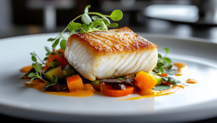 Wall Mural - Tasty sea bass fillet with vegetables