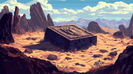 An ancient artifact partially uncovered by the shifting sands, surrounded by whispers and ghostly figures , pixel art, game assets