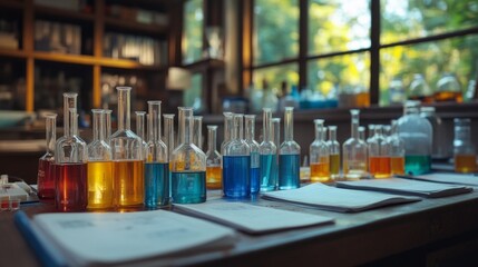 Poster - Colorful liquids fill elegant glassware on a wooden lab table, illuminated by warm sunlight streaming through large windows