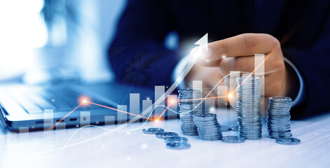 Poster - Money business financial graph diagram of coin. Financial growth data or investment market profit bar and success report.Saving money concept.