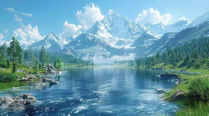 Sticker - Mountain Lake Landscape with Snow Capped Peaks 3D Illustration