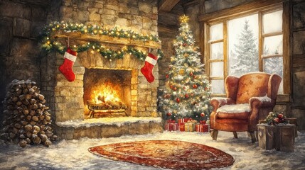 Poster - cozy Christmas scene with a decorated fireplace, stockings hung with care, and twinkling lights illuminating the room in soft watercolor tones