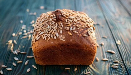 Square loaf of rye bread baked with sunflower seeds. Bread in countryside.