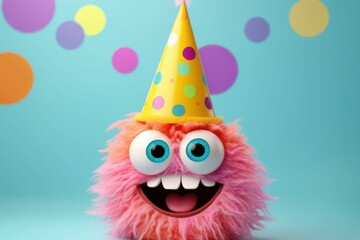 Wall Mural - Cute monster with birthday hat on head