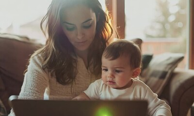 mother working from home with baby