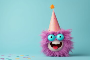 Wall Mural - Cute monster with birthday hat on head