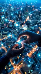 Poster - Hands form a gesture of connection, holding digital light amidst a backdrop of glowing city lights, representing the fusion of technology and urban energy