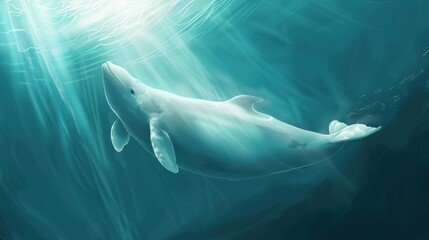 Wall Mural - White Dolphin Swimming in Sunlight.