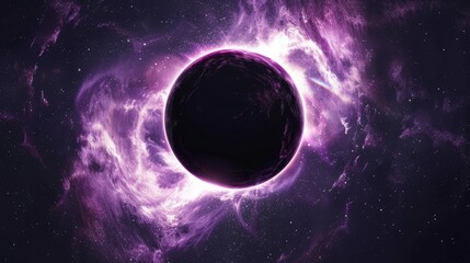 A large purple planet is surrounded by a purple cloud