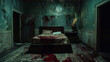 © Domingo - True crime scene of a bedroom with blood stained bed, peeling walls, and ominous atmosphere. Dimly lit, decaying room suggests violent murder with unsettling horror ambiance for a cinematic background