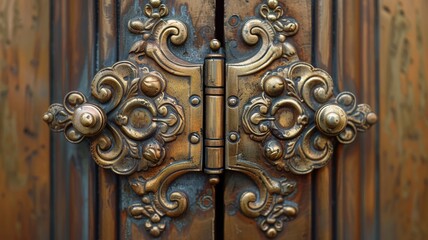 Close-up of ornate brass door hinge on wooden door