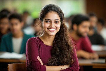 Successful female student with group of college students at classroom