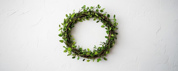 Poster - Simple holiday wreath made of a single strand of greenery, placed on a plain white surface