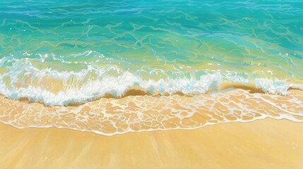 Wall Mural - A painting of a beach with a wave crashing in the background