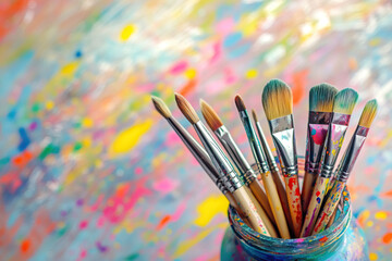 A colorful collection of art brushes in an artist's paintbrush jar, with vibrant colors and splashes of paint on the background